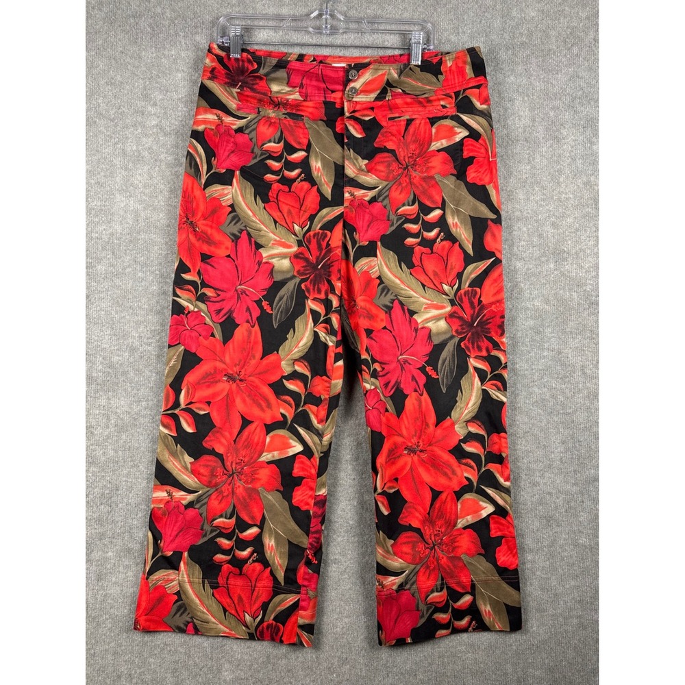 Chico's Design Tropical Floral Wide Leg Crop Pants Size 3 16 Reg Red Black
